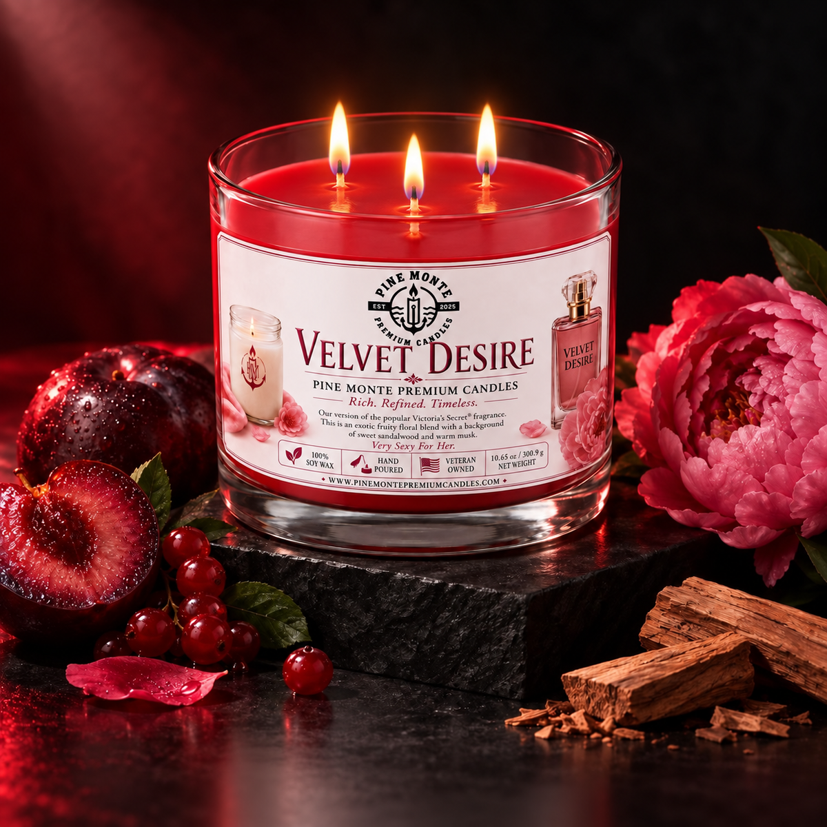 Velvet Desire luxury scented candle with three wicks, surrounded by fruit and flowers on a dark background.