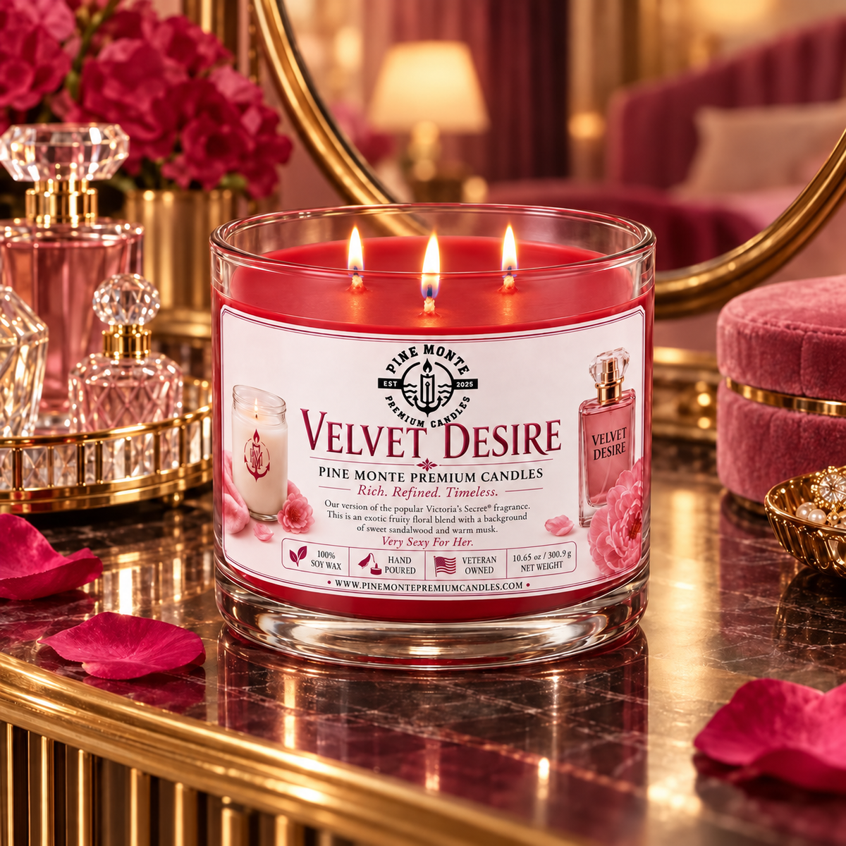 Velvet Desire luxury scented candle in a romantic setting with three wicks and floral accents, perfect for creating warmth.