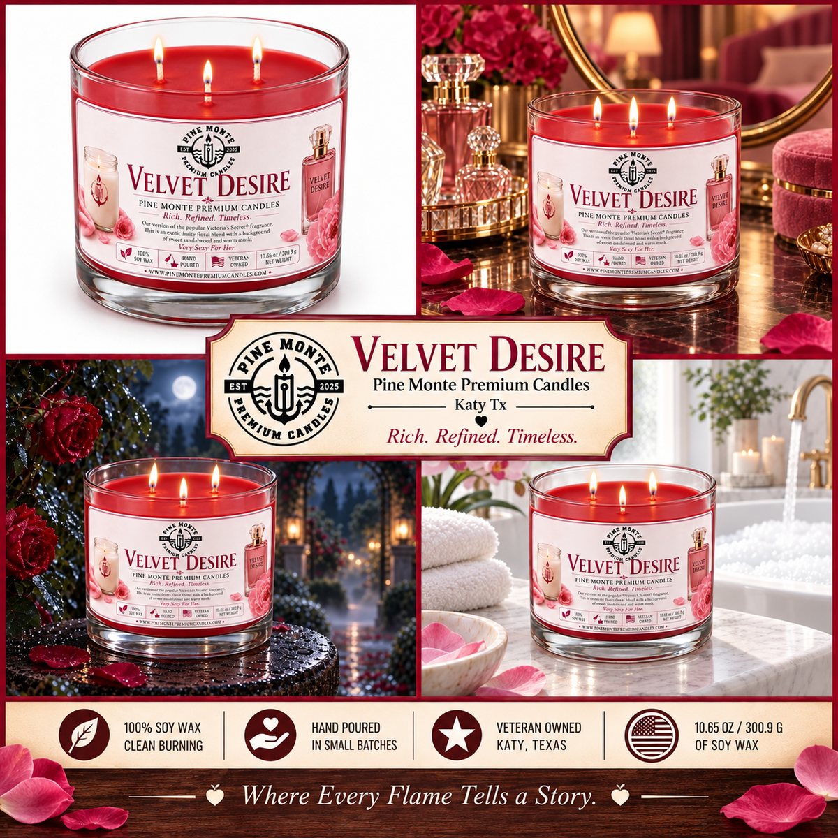 Velvet Desire soy candle showcased in an elegant setting, featuring three wicks and premium ingredients from Pine Monte.