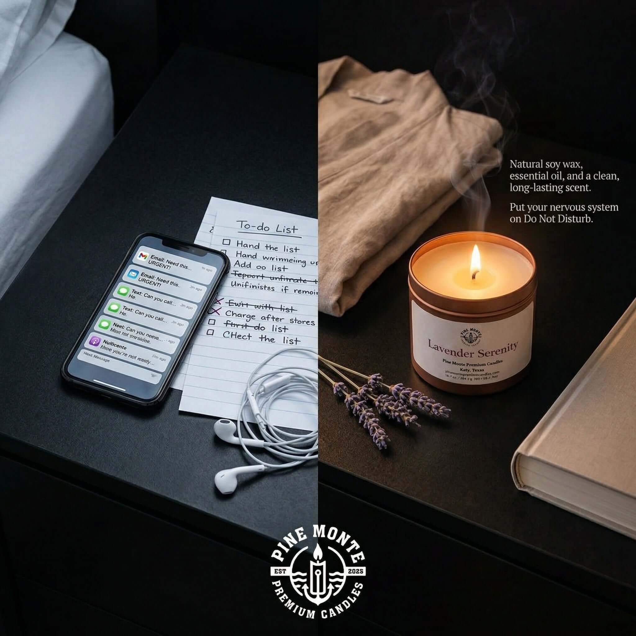 Lavender Serenity Soy Candle glowing on a bedside table with a to-do list and earbuds, promoting relaxation.