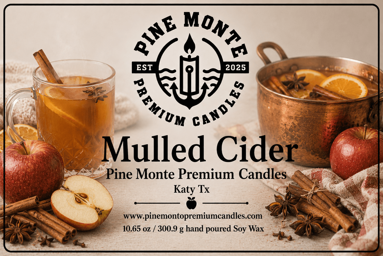 Mulled Cider Soy Candle image featuring warm apple cider, spices, and pine monte premium branding.