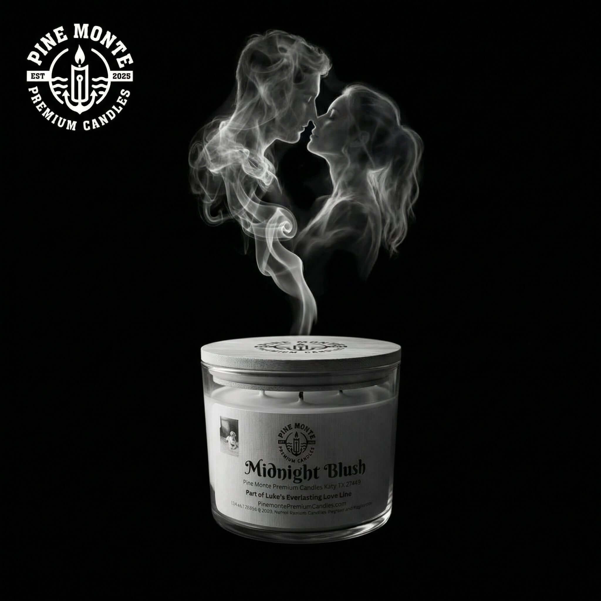 Midnight Blush Soy Candle in a glass jar with smoky hearts representing romance.