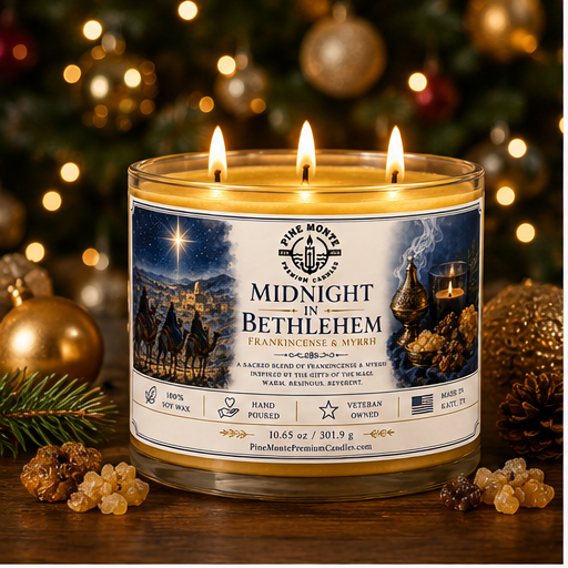 Frankincense and myrrh candle in a decorative jar, glowing warmly against a festive background.