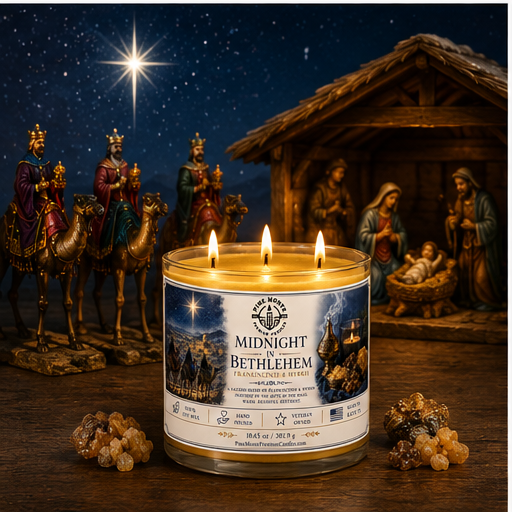 Frankincense and myrrh candle by Pine Monte, depicting Christmas scene with nativity and three wise men.