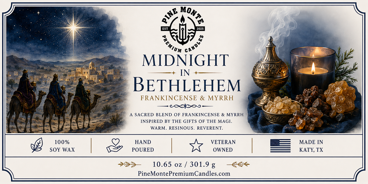 Frankincense and myrrh candle Midnight in Bethlehem with rich aromas and elegant design by Pine Monte.