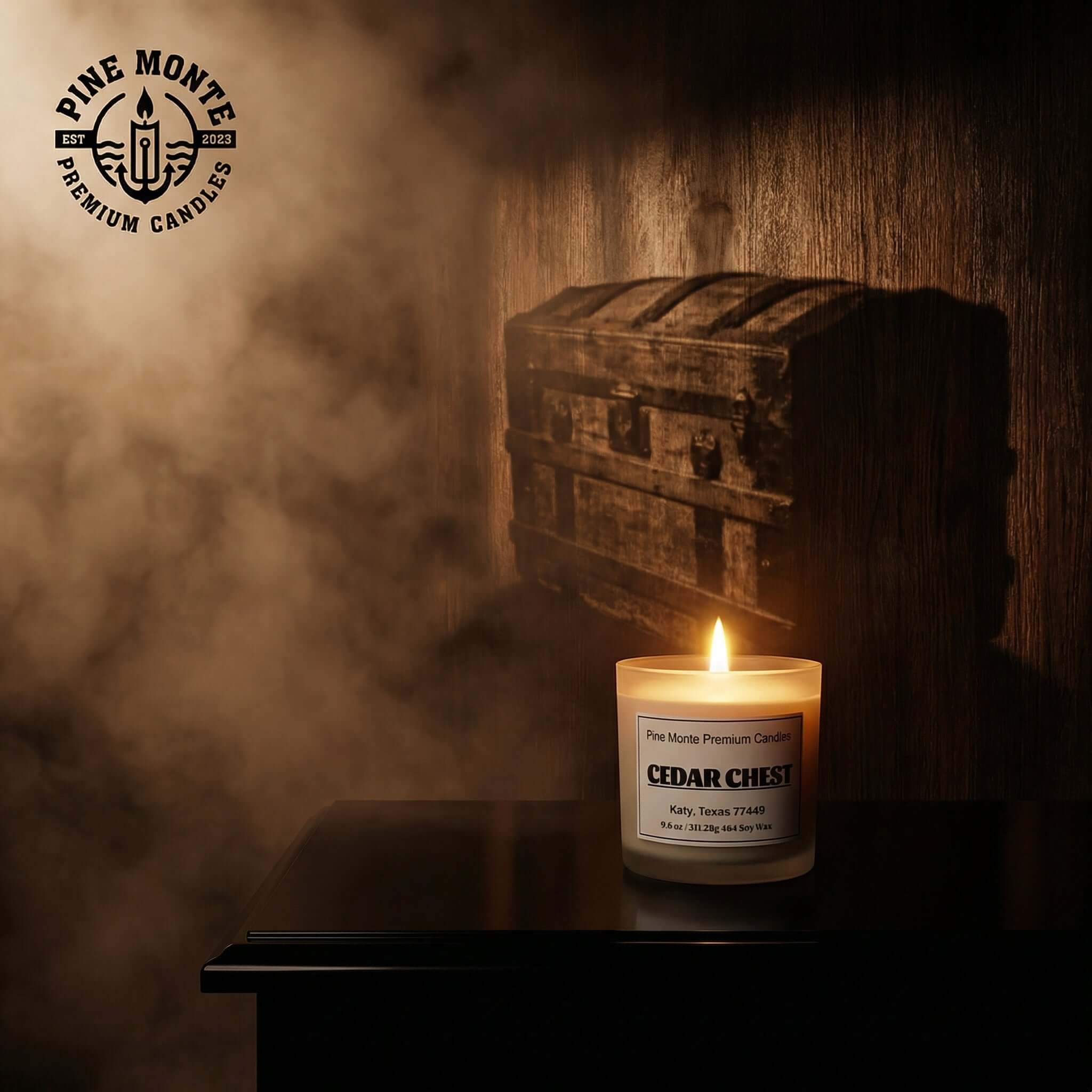 Cedar Chest 3 Wick Soy Candle placed near a wooden chest, surrounded by a warm glow and hazy atmosphere.