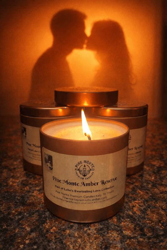 Pine Monte Amber Reserve soy candle with warm amber vanilla and musk fragrance for intimate moments