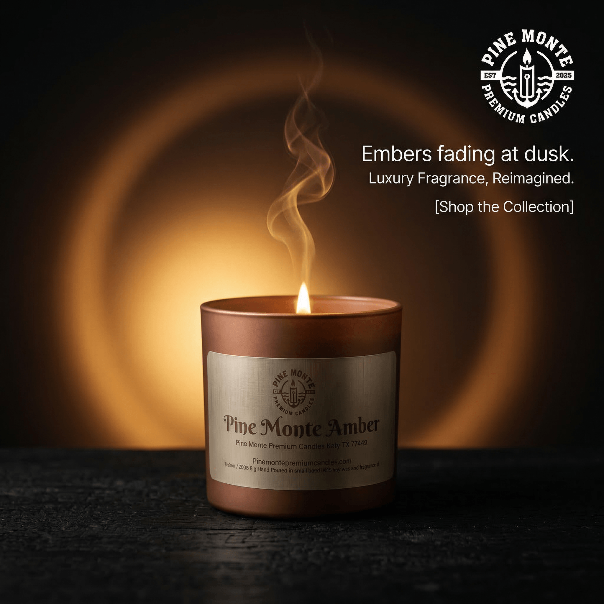 Amber soy candle from Pine Monte luxury tin candle lit with flame - cozy warm spice ambiance
