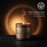 Amber soy candle from Pine Monte luxury tin candle lit with flame - cozy warm spice ambiance