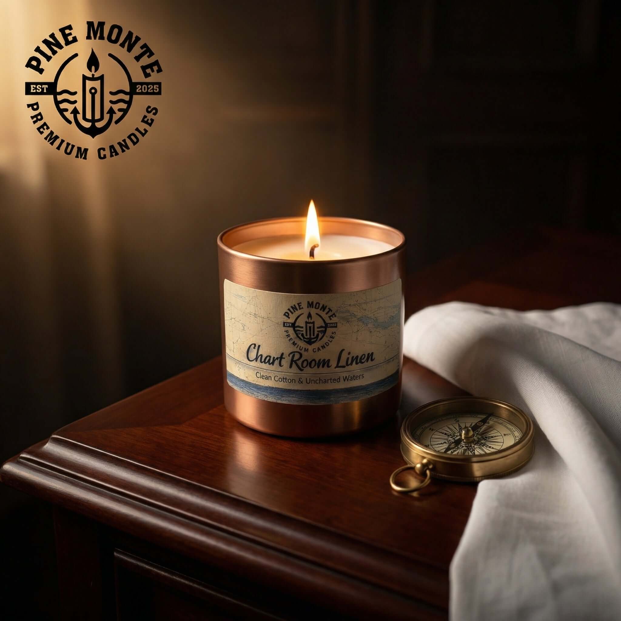 chartroom linen soy candle by Pine Monte - escape to fresh nautical clean linen scent