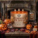 Halloween Pumpkin Pie Spice Soy Candle displayed on a cozy autumn table with pumpkins and candles.