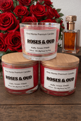 Three Roses & Oud Soy Candles with red roses in the background showcasing luxury scented candles.