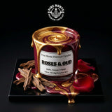 Roses & Oud Soy Candle with rose petals and woody texture, showcasing a luxurious and elegant design.