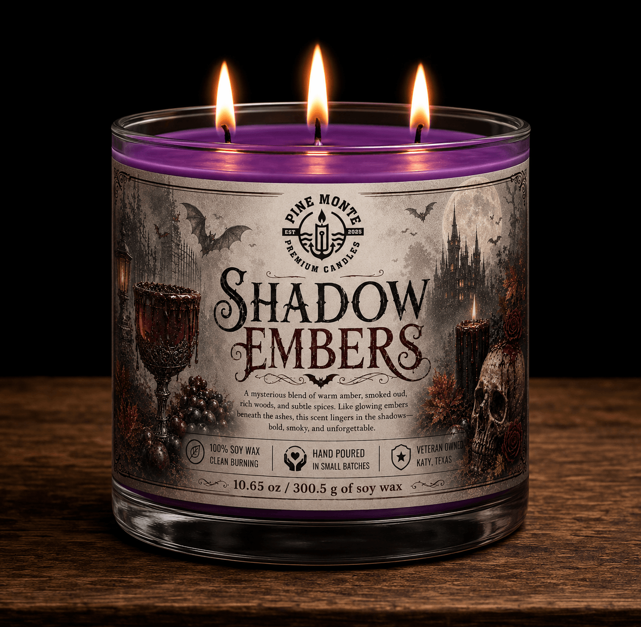 Shadow Embers Soy Candle with warm woods and smoky aromas, perfect for a luxurious Halloween ambiance.