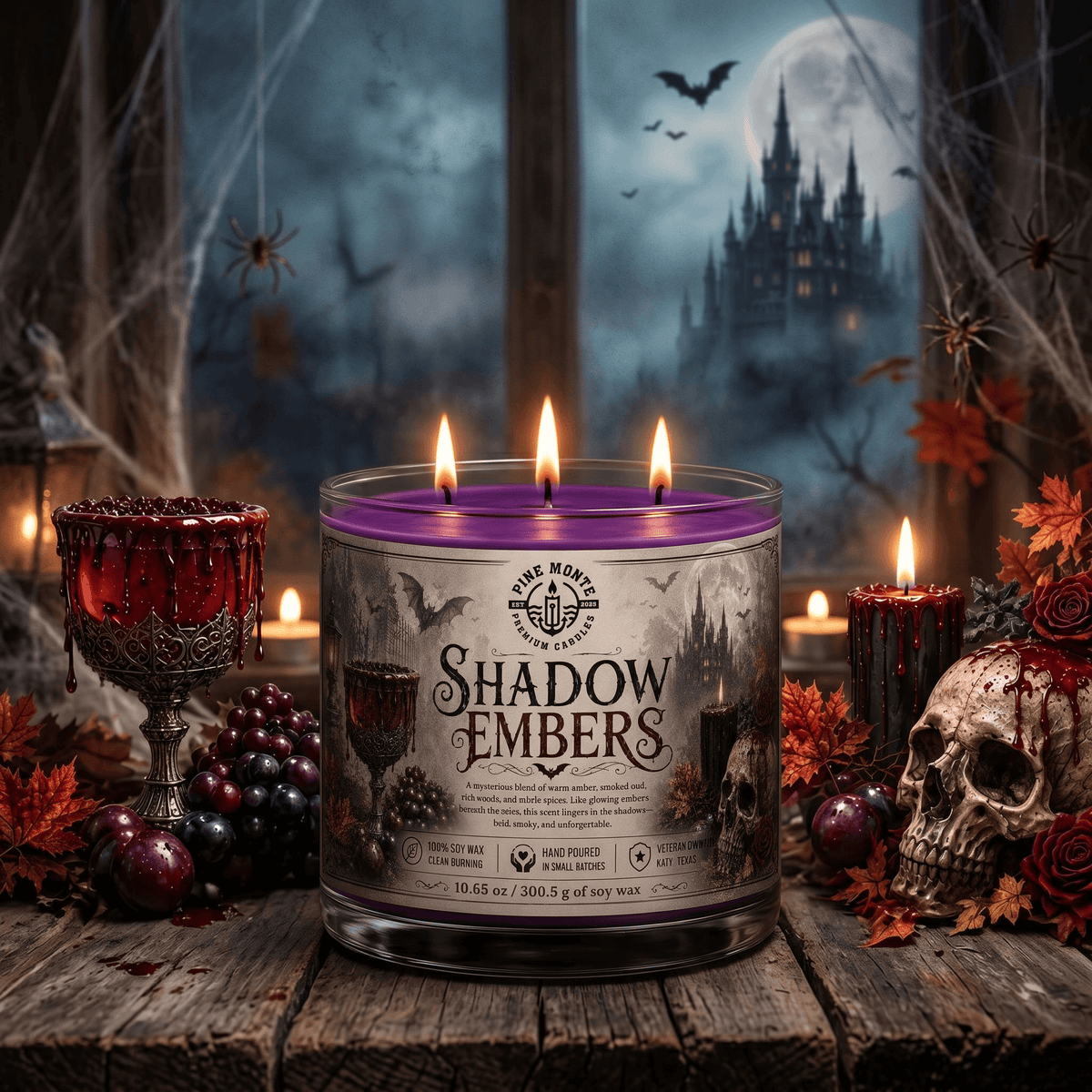 Shadow Embers Soy Candle with three flames, set in a spooky Halloween-themed atmosphere.