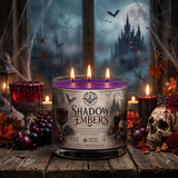 Shadow Embers Soy Candle with three flames, set in a spooky Halloween-themed atmosphere.