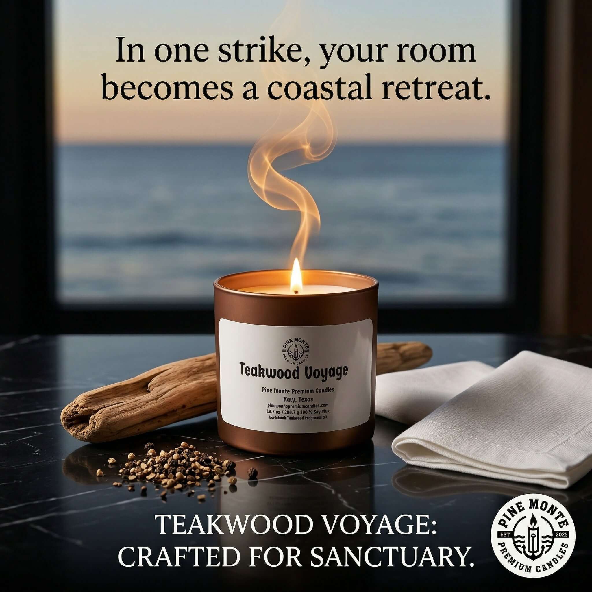 Teakwood Voyage Soy Candle trio burning fresh scent