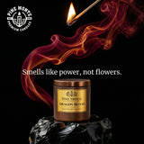 Luxury Dragon's Blood Soy Candle  lit with flame - bold amber scent for powerful home fragrance