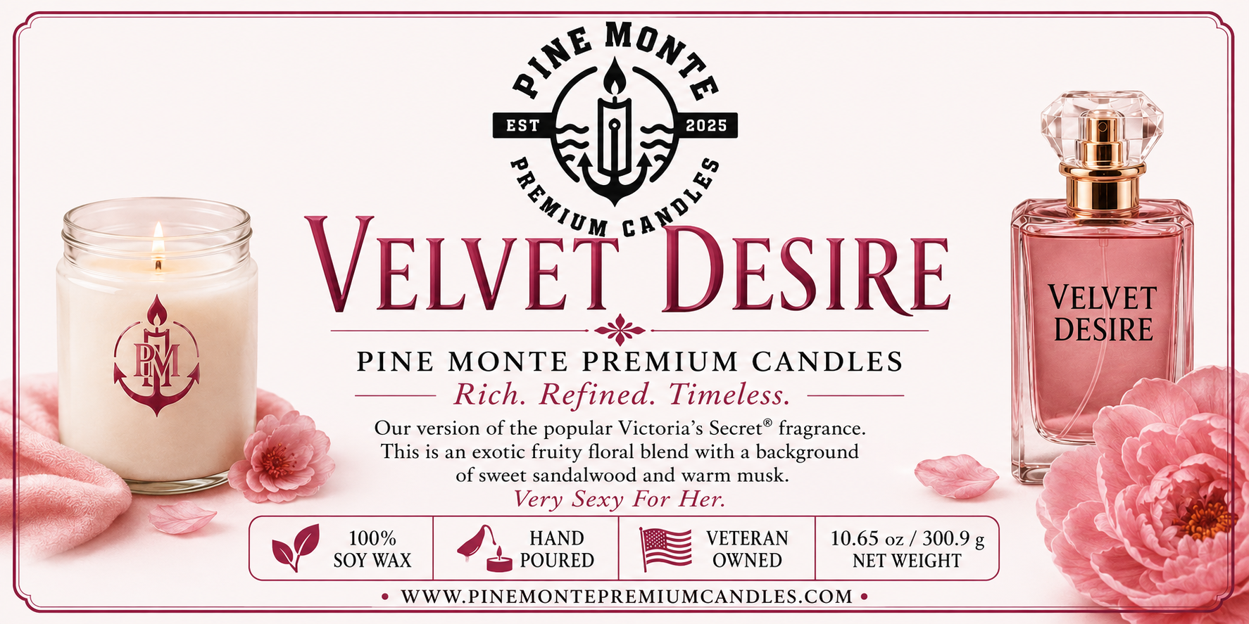Velvet Desire scented candle by Pine Monte, featuring a fruity floral blend with sandalwood and musk.