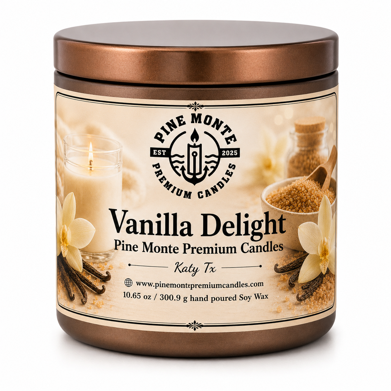 Vanilla Delight Soy Candle featuring warm vanilla scent in a sleek jar, ideal for creating a cozy atmosphere.