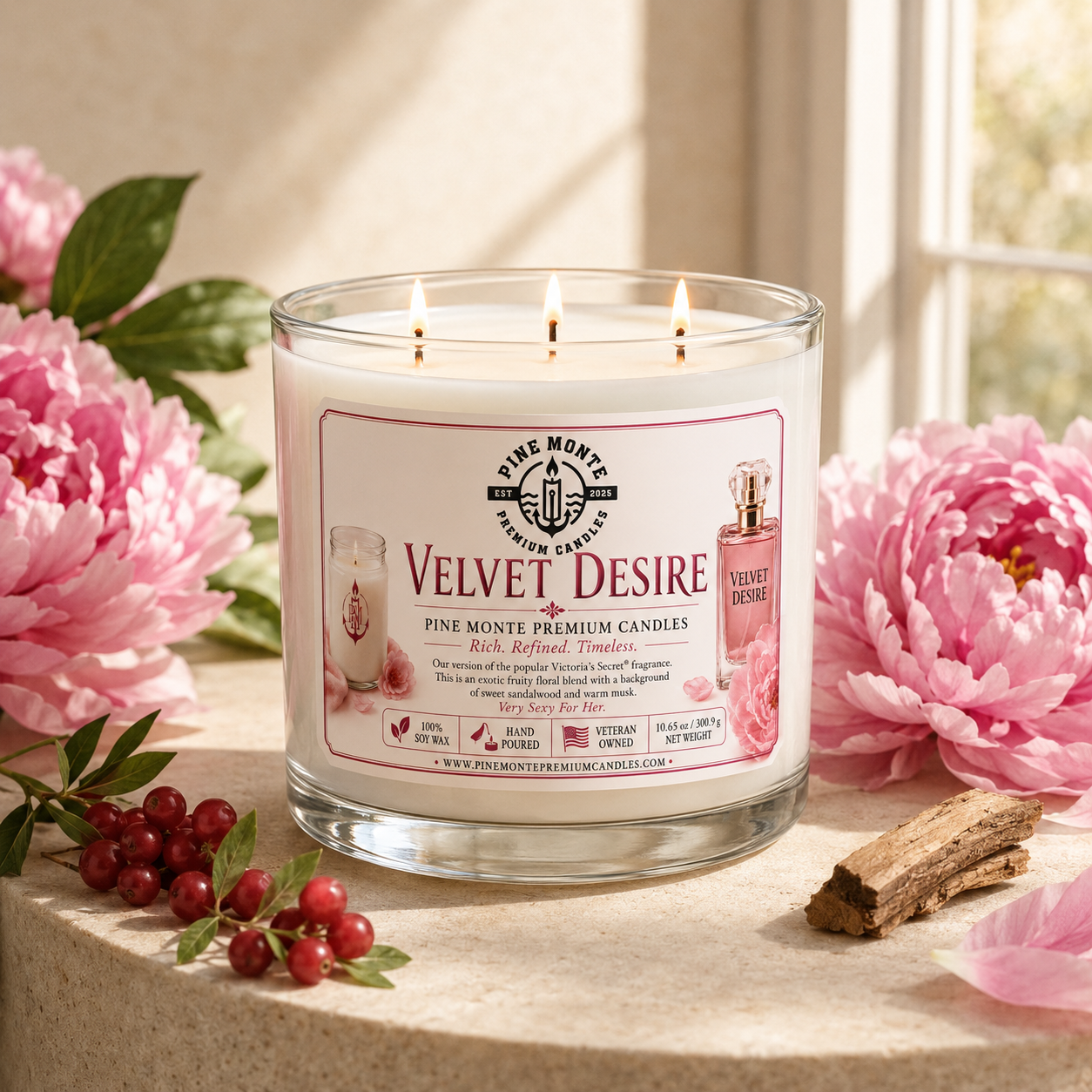Velvet Desire soy candle with three wicks surrounded by floral accents and a rustic setting.