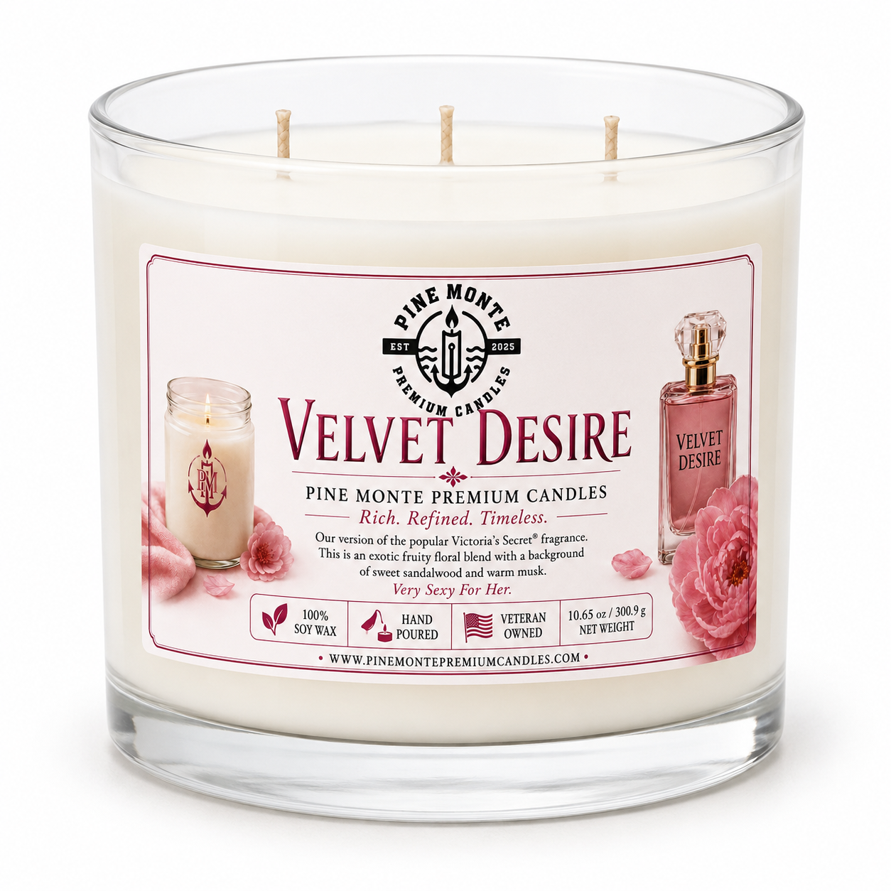 Velvet Desire soy candle with three wicks, floral scent, in stylish glass container for romantic ambiance.