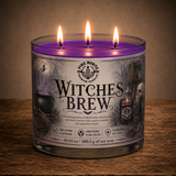 Witches Brew Soy Candle with three glowing wicks, showcasing its enchanting design and rich aroma for Halloween.