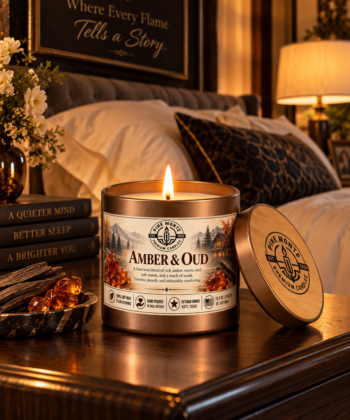 Amber & Oud Soy Candle on a bedside table creating a cozy, luxurious atmosphere with warm light.