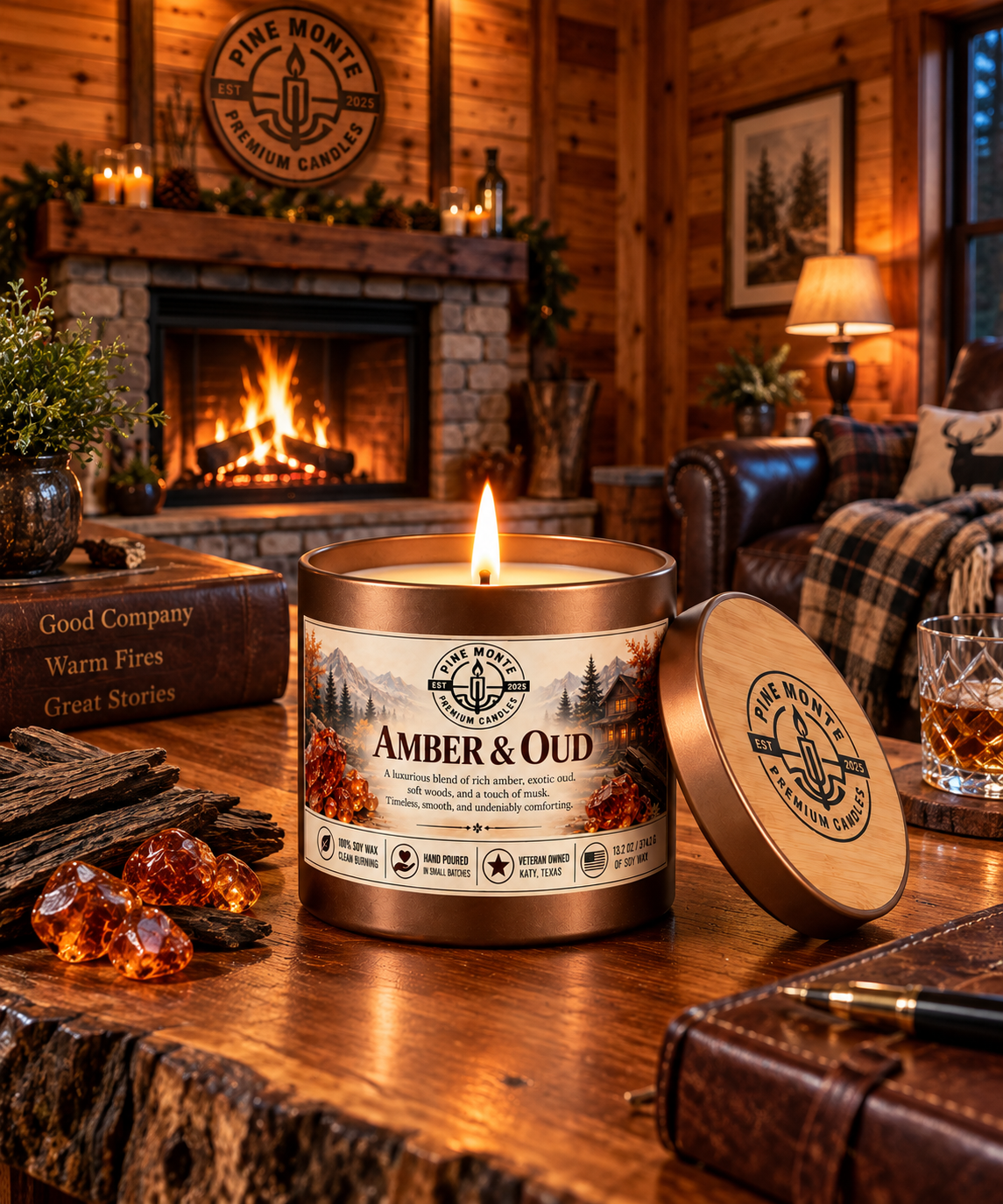 Amber & Oud Soy Candle in a cozy cabin setting with a lit wick and rustic decor.