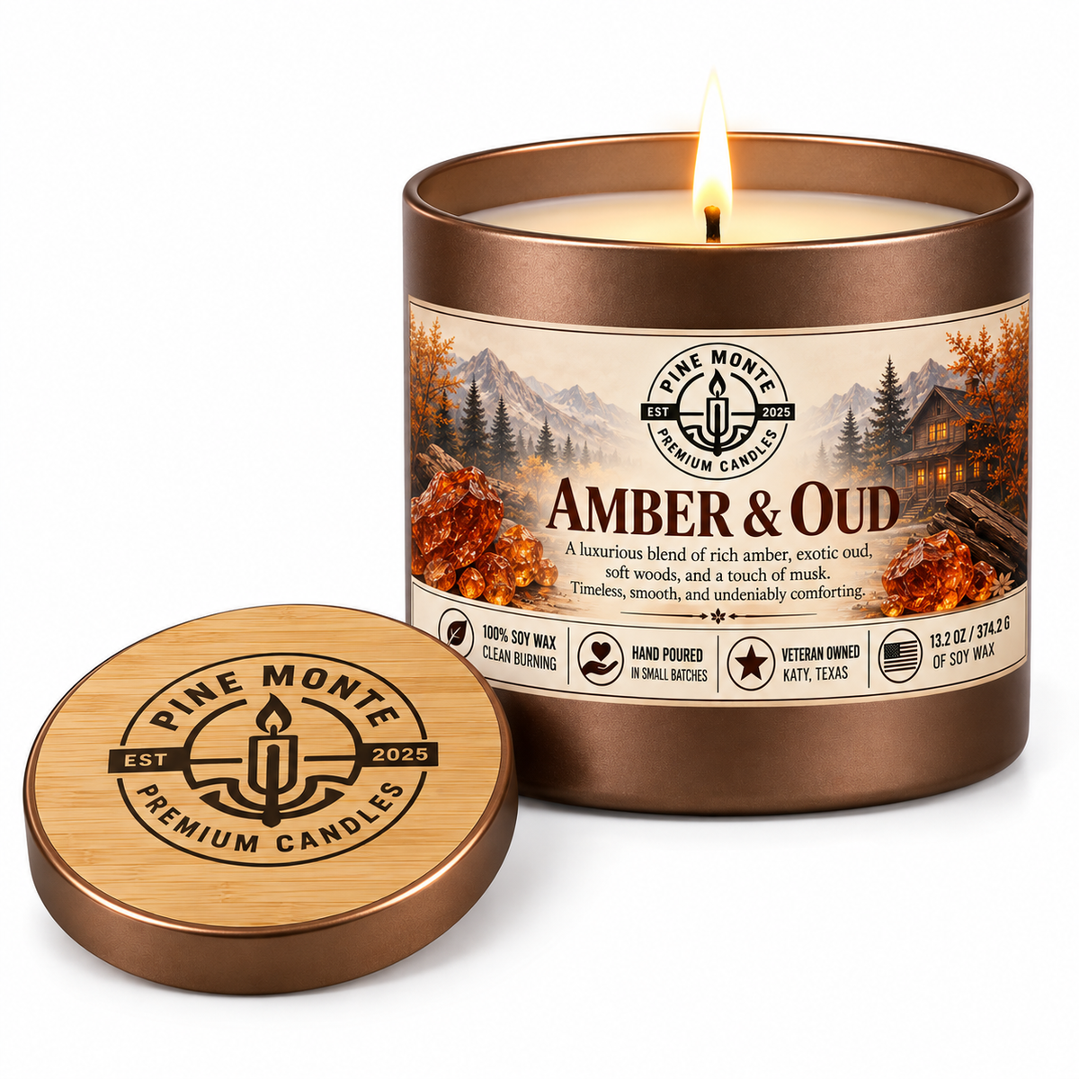 Amber & Oud Soy Candle in a stylish tin, emitting a warm glow, perfect for creating a luxurious ambiance.