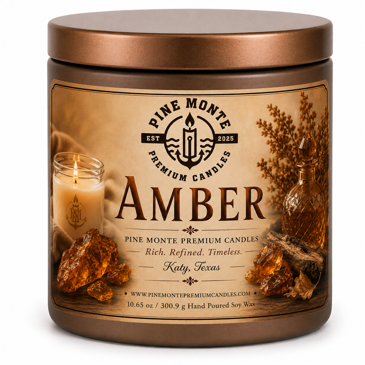 Amber Soy Candle by Pine Monte, featuring rich amber fragrance, hand poured in Katy, Texas.