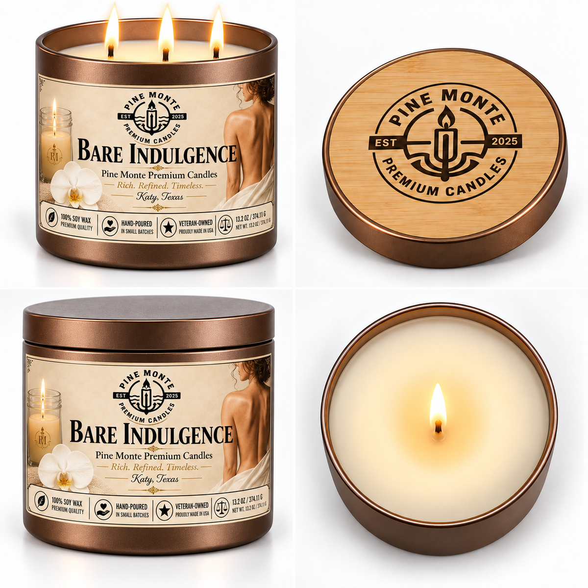 Tropical scented soy candle from Pine Monte, Bare Indulgence, featuring creamy tropical fragrance with two wicks.