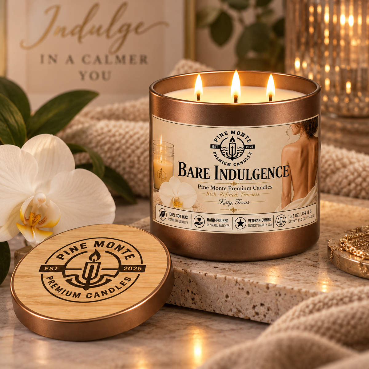 Tropical scented soy candle by Pine Monte, Bare Indulgence, offering warmth and sweetness in a luxurious design.