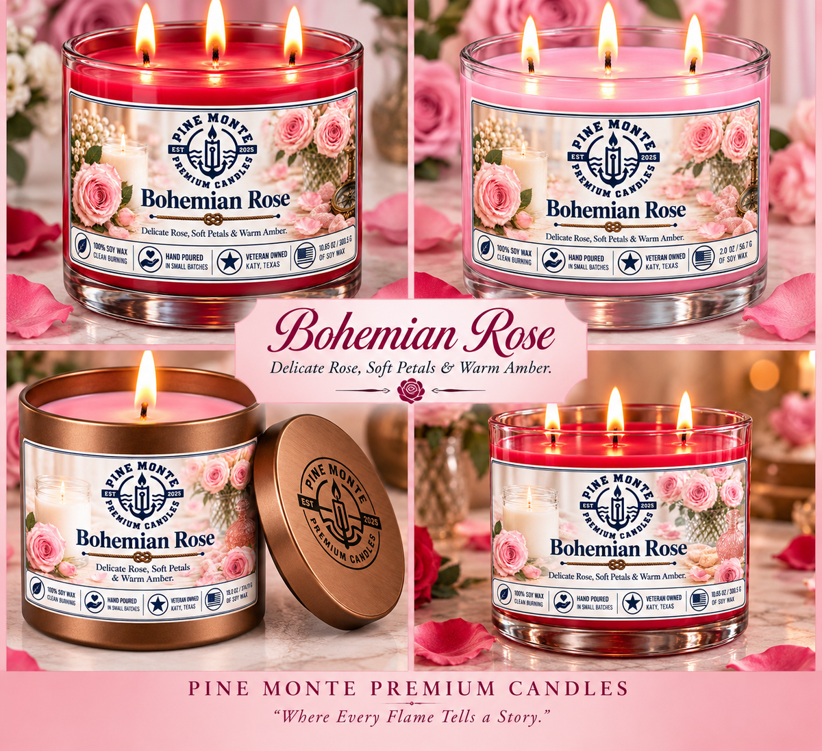 Bohemian Roses Soy Candle Romantic Floral Rose Luxury Scented Candle