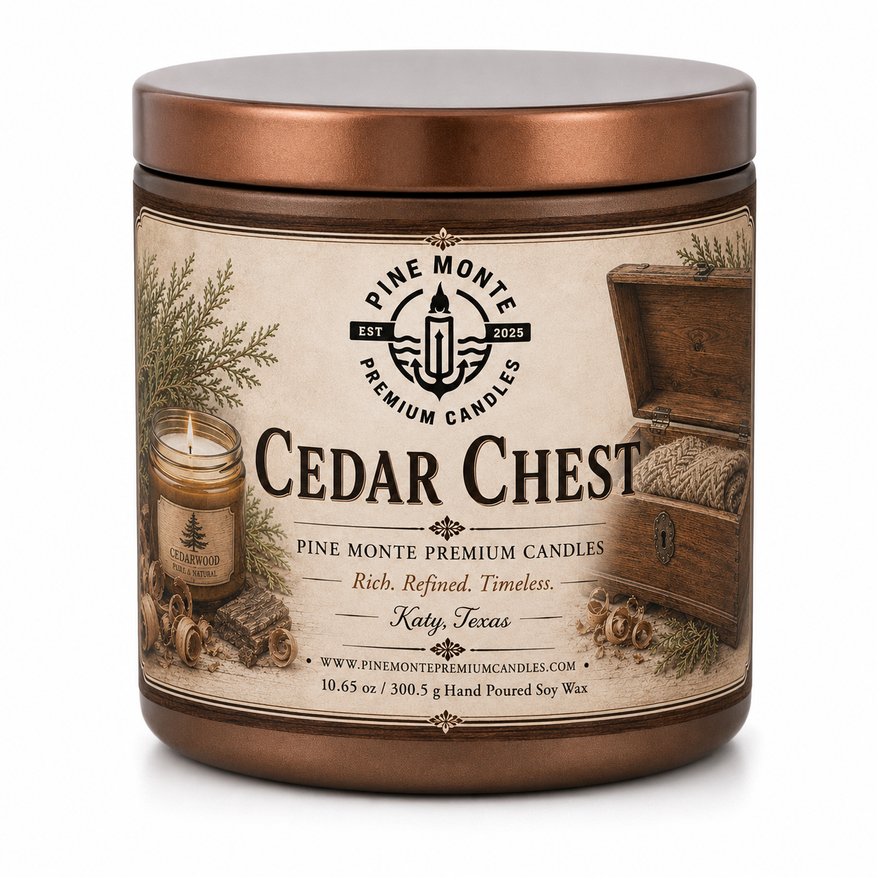 Cedar Chest 3 Wick Soy Candle with cedarwood scent in bronze container, 10.65 oz, from Pine Monte Premium Candles.