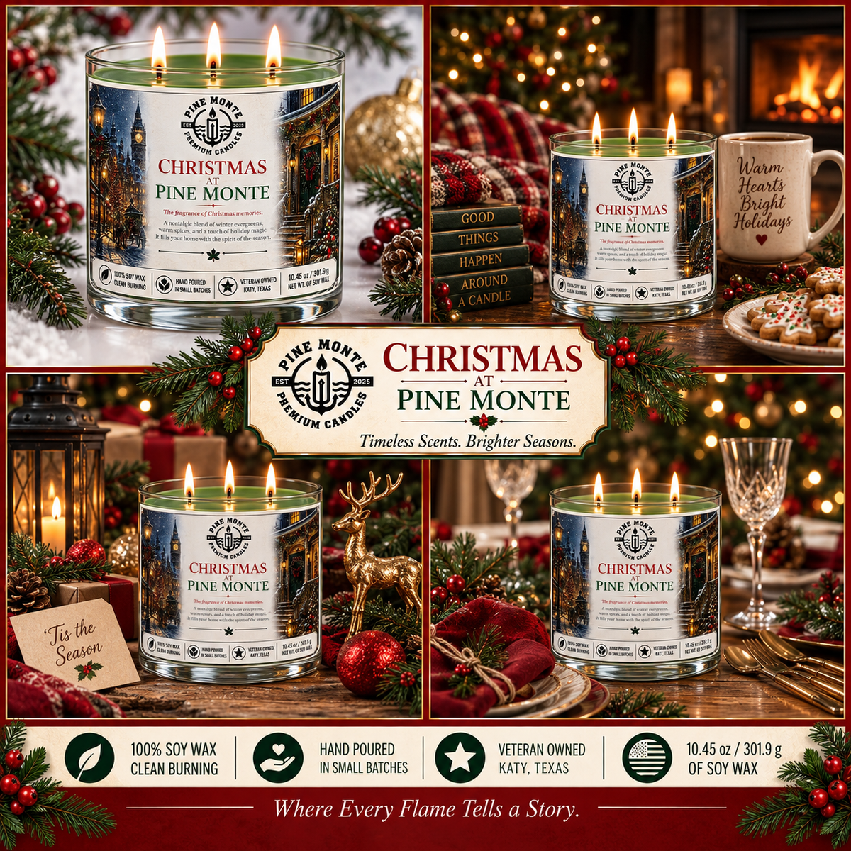 Christmas soy candle by Pine Monte, featuring festive holiday scents and festive decorations for a cozy Christmas ambiance.