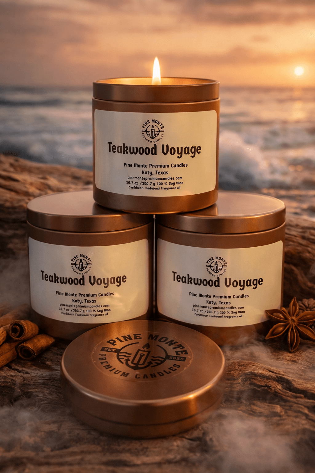 Teakwood Voyage Soy Candle trio on rocks by the beach, showcasing elegant tin design and warm glow of candlelight.