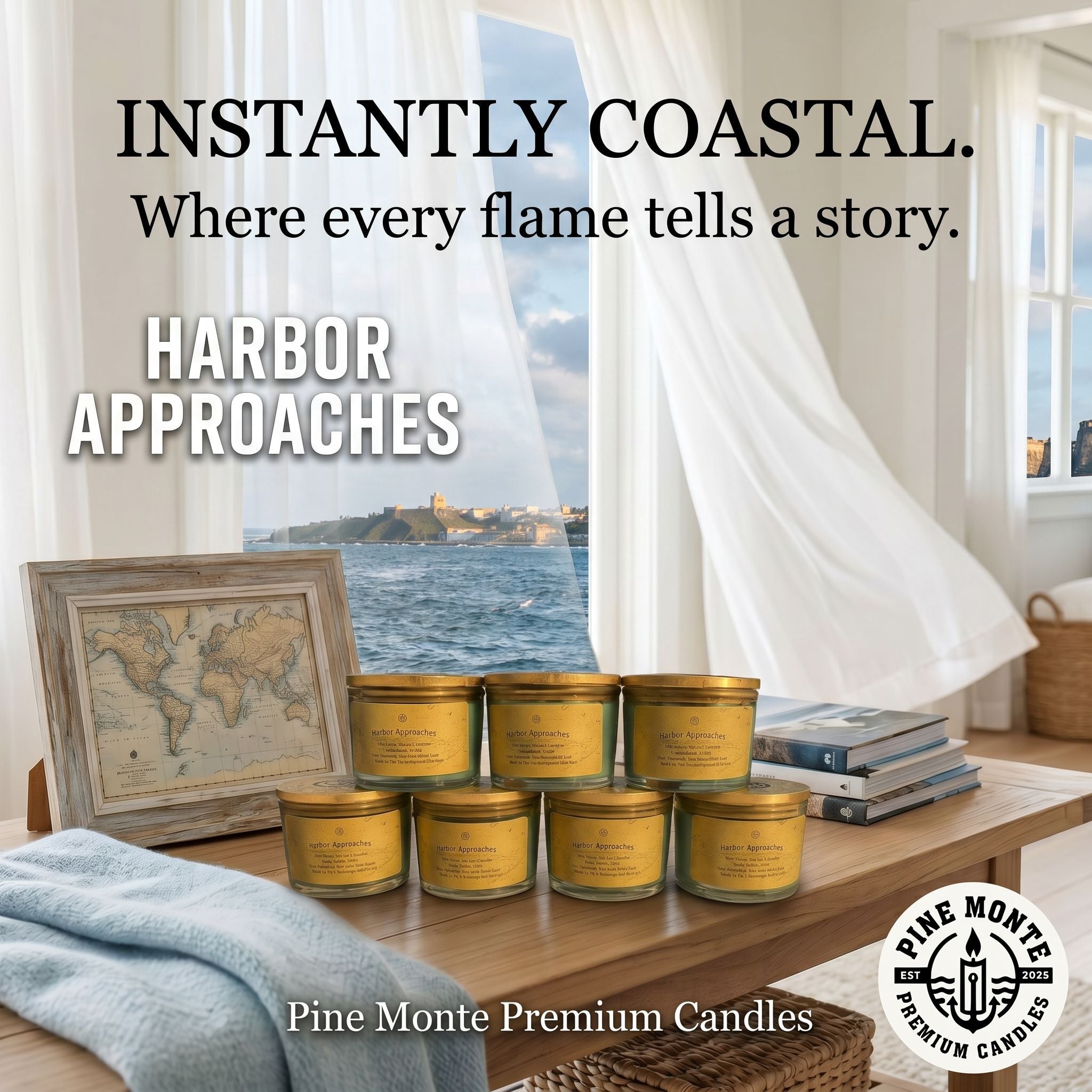 Harbor Approaches three wick candles displayed on a wooden table with coastal view and map in a bright room.