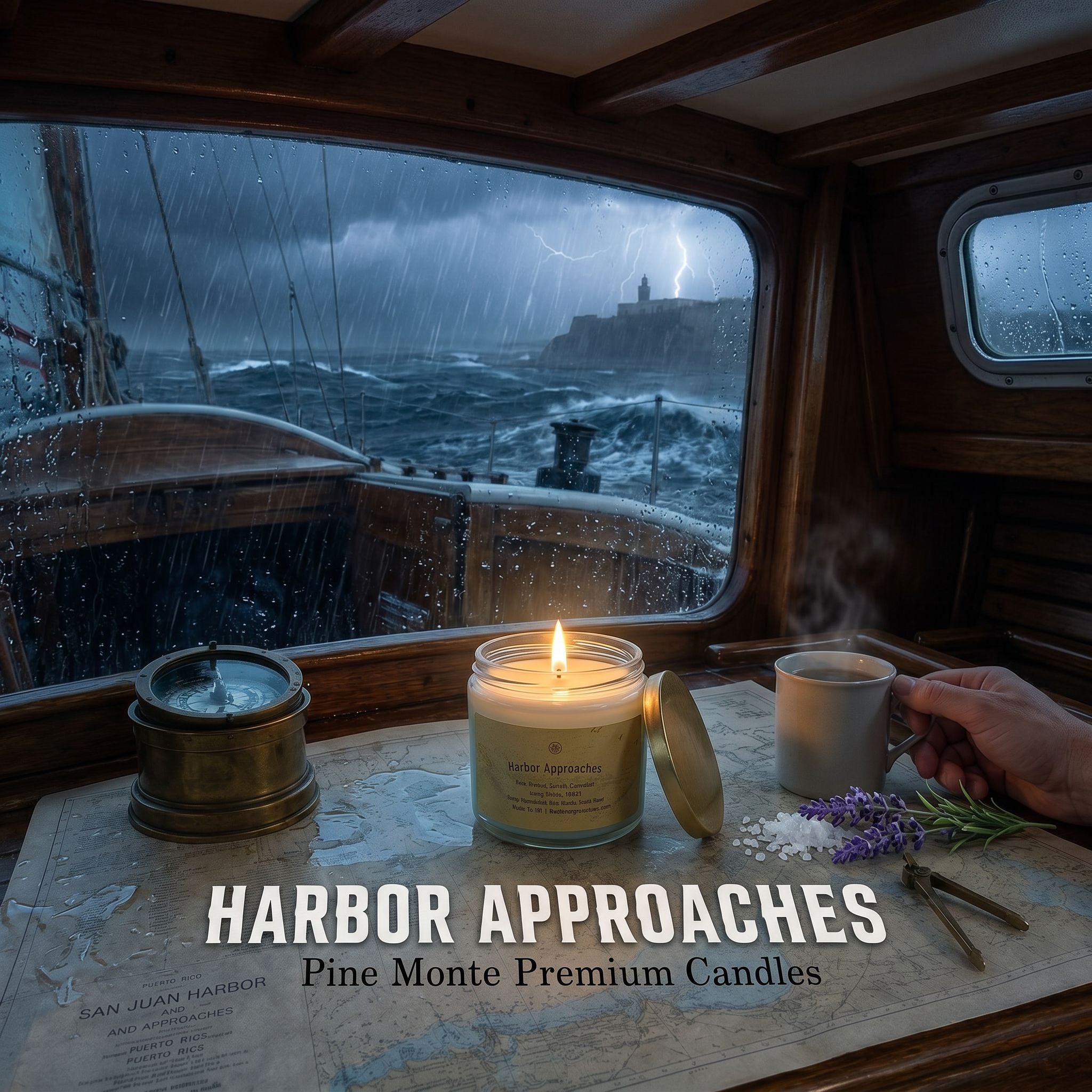 Harbor Approaches candle on a table in a boat with stormy sea view, evoking the essence of clean coastal air.
