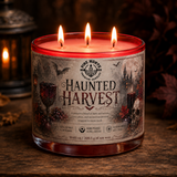 Haunted Harvest Soy Candle with three wicks, featuring a decorative label and autumn-themed design.