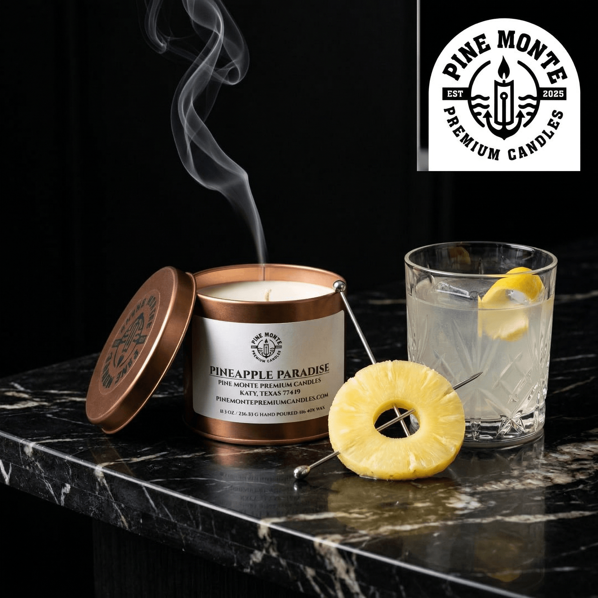 Pineapple paradise soy candle 11.6 oz candle tin with juicy pineapple and exotic citrus notes hand-poured by Pine Monte