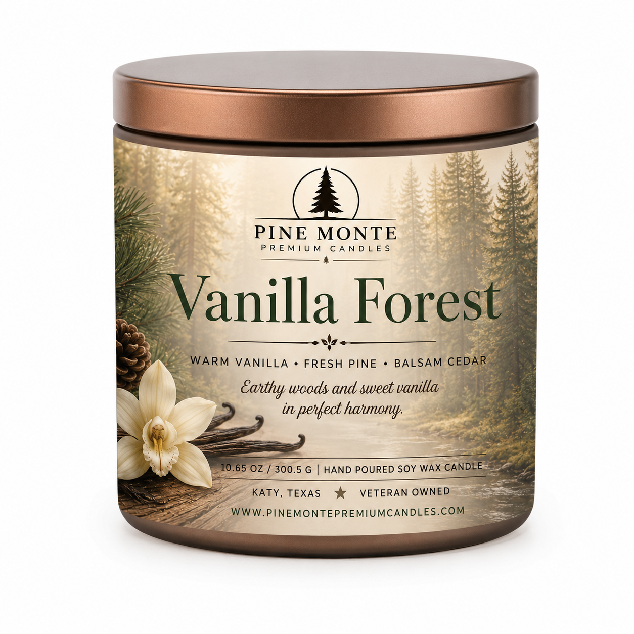 Vanilla Forest Soy Candle with earthy woods and sweet vanilla in a cozy packaging design.