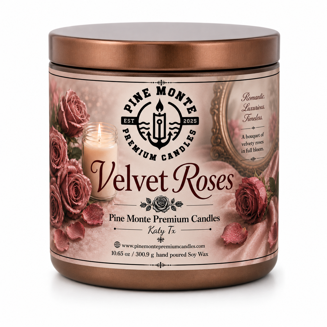 Velvet Desire Roses candle featuring a luxurious design with roses, crafted from hand poured soy wax by Pine Monte Premium Candles.