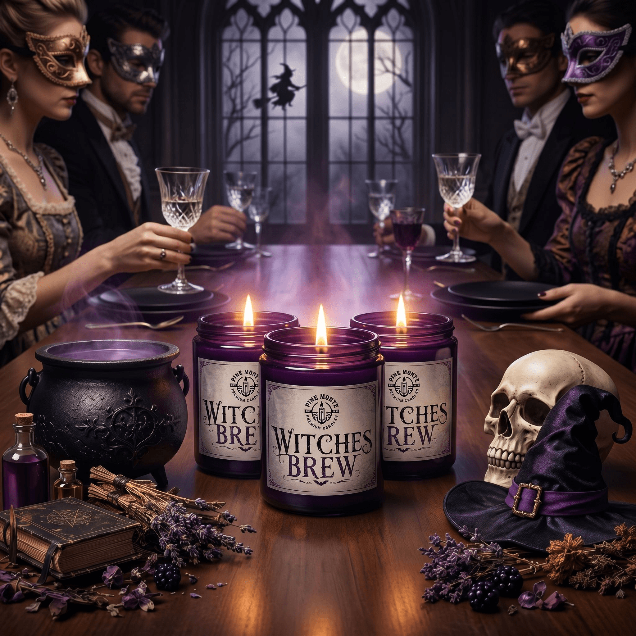 A table set for Halloween featuring Witches Brew Soy Candle, cauldron, skull, and guests in masquerade attire.