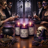 A table set for Halloween featuring Witches Brew Soy Candle, cauldron, skull, and guests in masquerade attire.