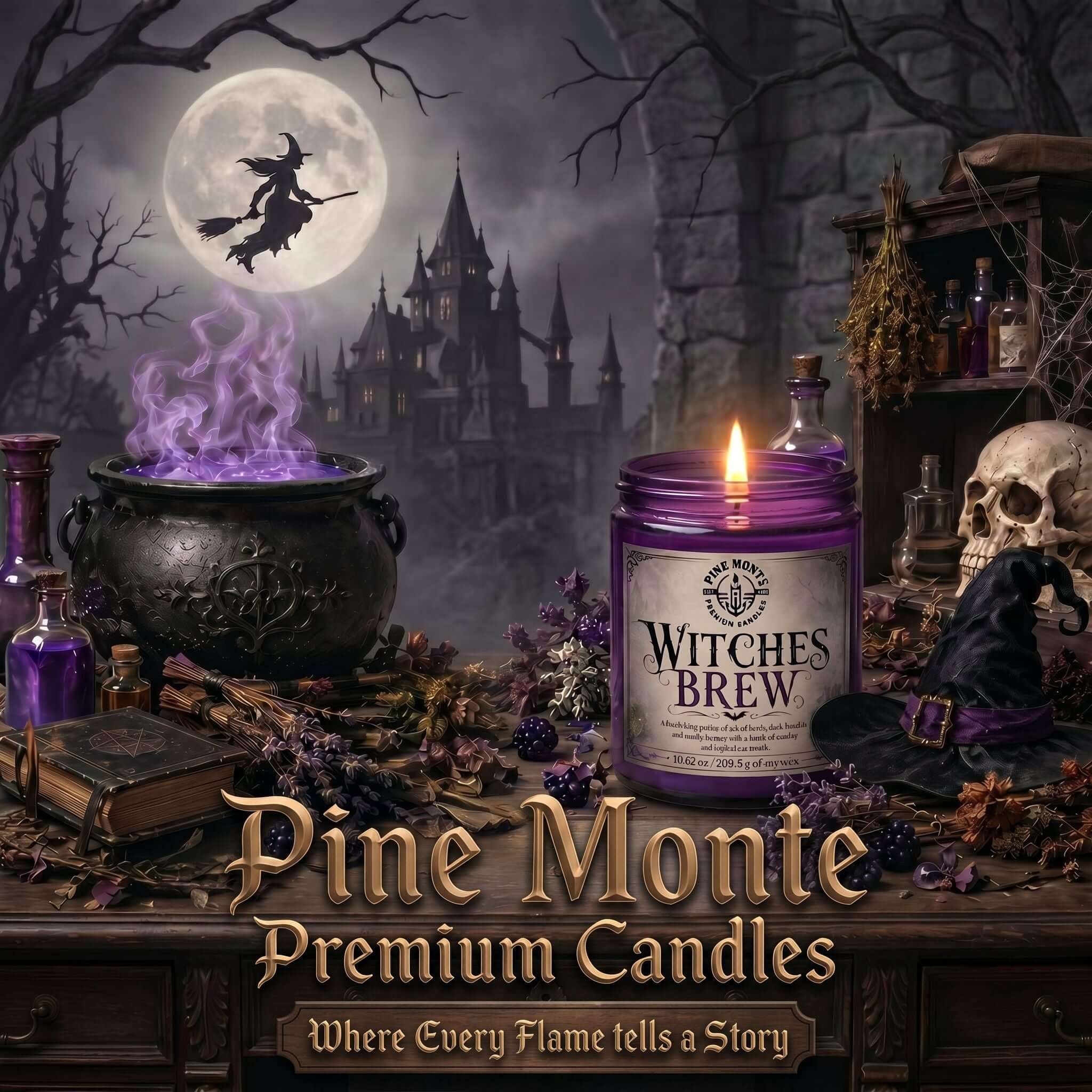 Witches Brew Soy Candle displayed in a spooky Halloween setting with a full moon and magical elements.